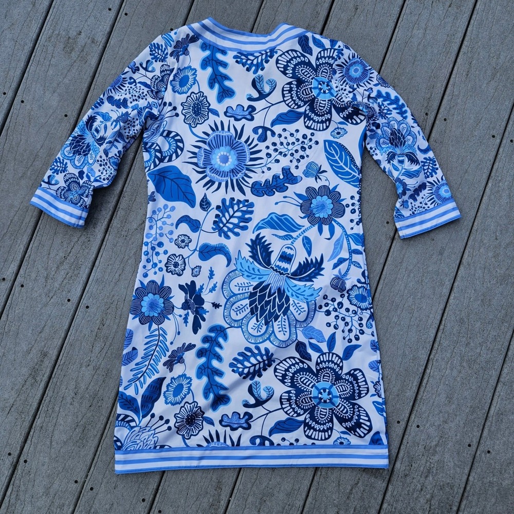 Gretchen Scott Womens Blue White Floral Split Neck 3/4 Sleeve Shift Dress Size M - Picture 4 of 10
